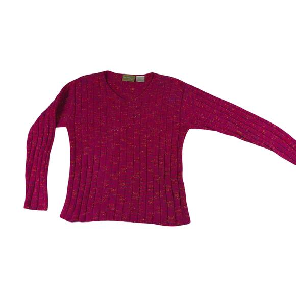 Y2k -Liz Claiborne Womens Ribbed Knit V Neck Long Sleeve Top Pink Sweater - Picture 2 of 8